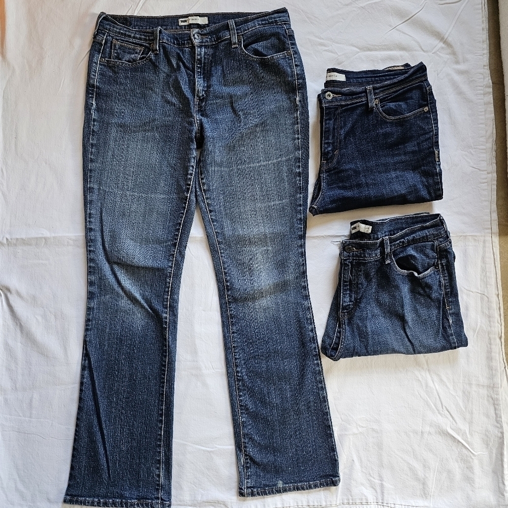 ×3 Levi's 515 Bootcut tall dark-wash mid to high rise distressed jeans 14L